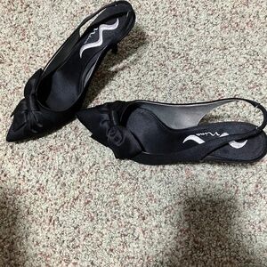 Black satin slingback heels